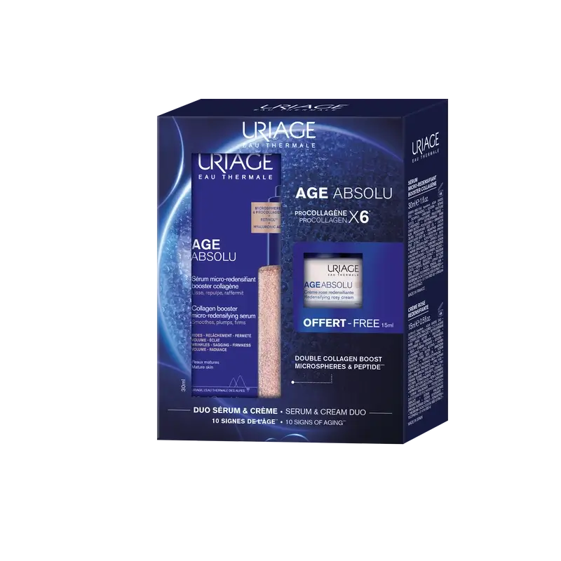 Uriage Age Absolu Collagen Booster Serum Micro-Redensificante com Péptidos de Procolagénio e Retinol, 30 Ml + Presente Age Absolu Rose Cream 15 Ml