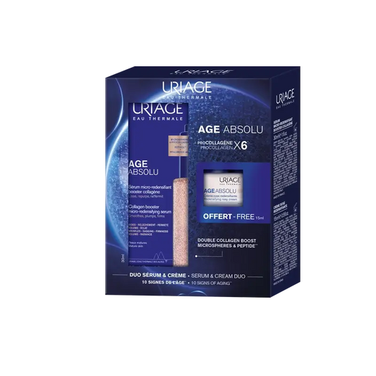 Uriage Age Absolu Collagen Booster Serum Micro-Redensificante com Péptidos de Procolagénio e Retinol, 30 Ml + Presente Age Absolu Rose Cream 15 Ml