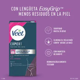 Veet Expert Tiras de cera depilatória a frio com manteiga de karité, 16 tiras