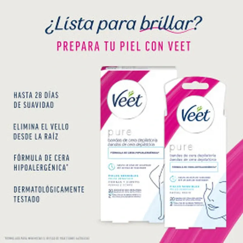 VEET Pure Toilet Bag Tiras de cera depilatória (20 faciais + 20 corporais)