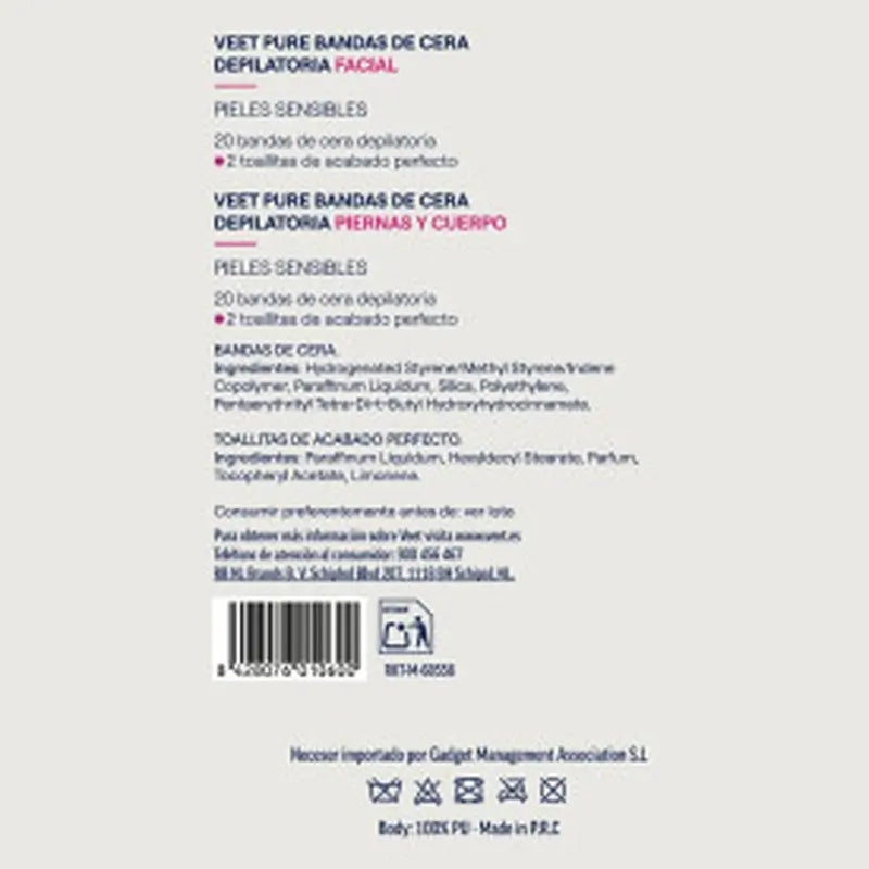 VEET Pure Toilet Bag Tiras de cera depilatória (20 faciais + 20 corporais)