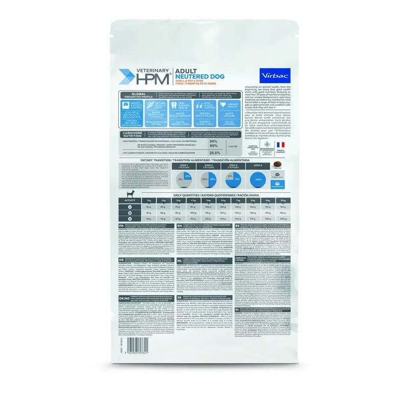 Virbac Hpm Adult Dog Neutered Small & Toy 3kg, alimento para cães