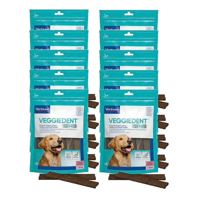 Virbac Veggiedent Fr3sh L, Snacks dentários para cães de raças grandes, embalagem com 10 unidades