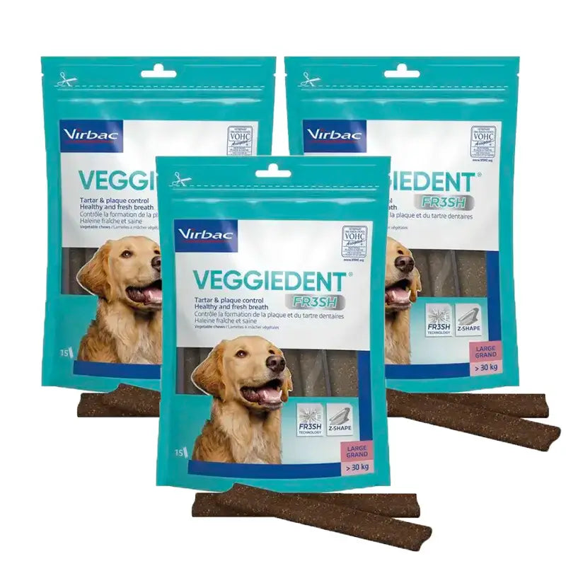 Virbac Veggiedent Fr3sh L, Snacks dentários para cães de raças grandes, embalagem com 3 unidades