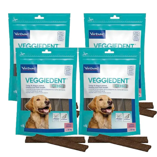 Virbac Veggiedent Fr3sh L, Snacks dentários para cães de raças grandes, embalagem com 4 unidades