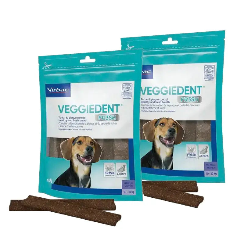 Virbac Veggiedent Fr3sh M, Snacks dentários para cães de raça média, embalagem com 2 unidades