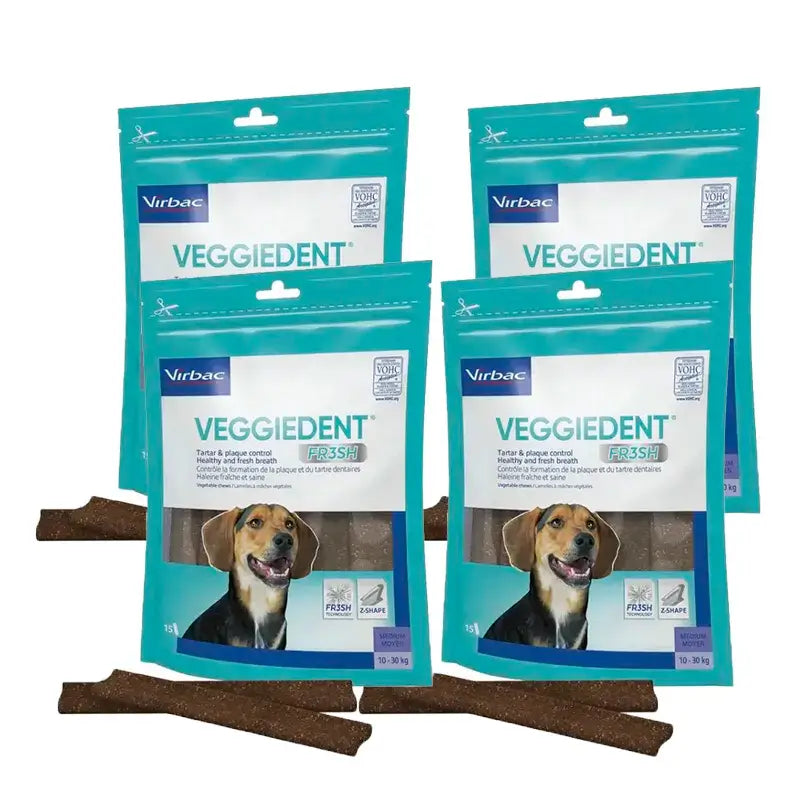 Virbac Veggiedent Fr3sh M, Snacks dentários para cães de raça média, embalagem com 4 unidades