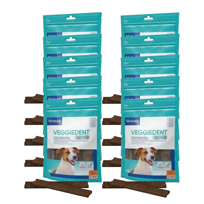 Virbac Veggiedent Fr3sh S, Snacks dentários para cães de raça pequena, embalagem com 10 unidades