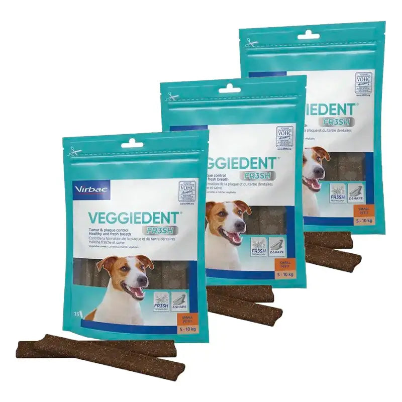 Virbac Veggiedent Fr3sh S, Snacks dentários para cães de raça pequena, embalagem com 3 unidades