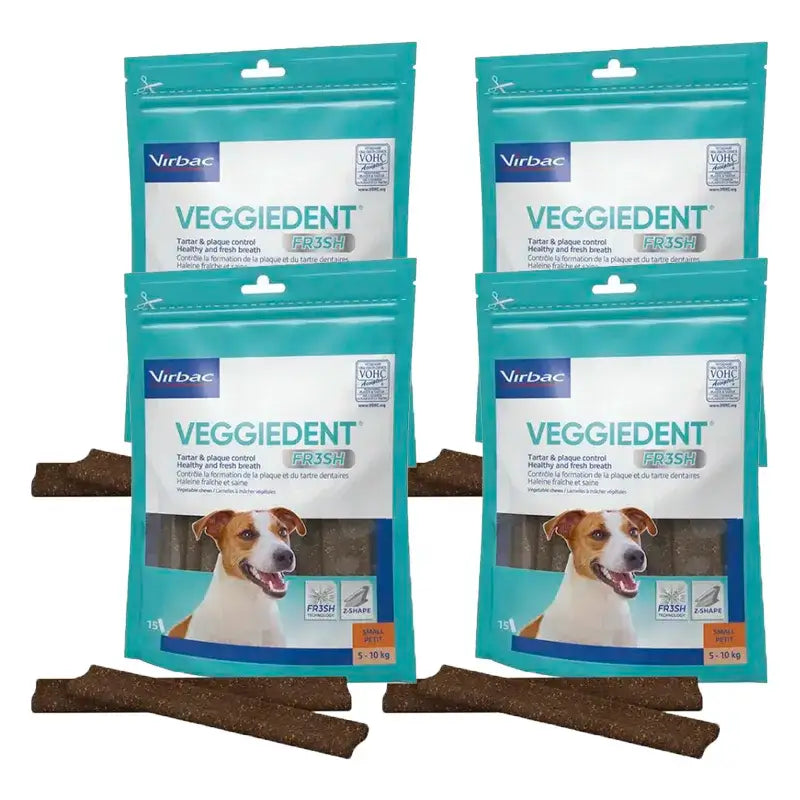 Virbac Veggiedent Fr3sh S, Snacks dentários para cães de raça pequena, embalagem com 4 unidades