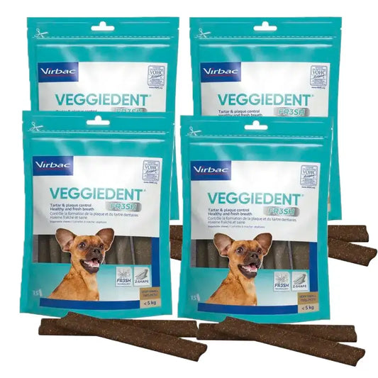 Virbac Veggiedent Fr3sh XS, Snacks dentários para cães de raças muito pequenas, embalagem com 4 unidades