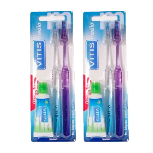VITIS Medium Toothbrush + Pasta de dentes anti-cárie Pack 2 x 15 ml