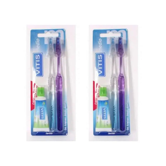 Vitis Duplo Escova de dentes média + pasta de dentes anti-cárie, 2X15 Ml