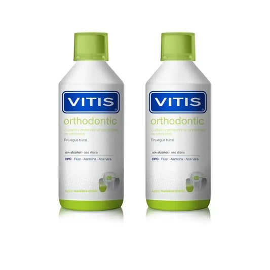 Vitis Orthodontic elixir bucal com sabor a menta e maçã, 2X500 ml