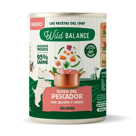 Wild Balance Ensopado de Pescador Enlatado com Salmão, Carne de Porco e Vegetais para Cães, 400 gramas