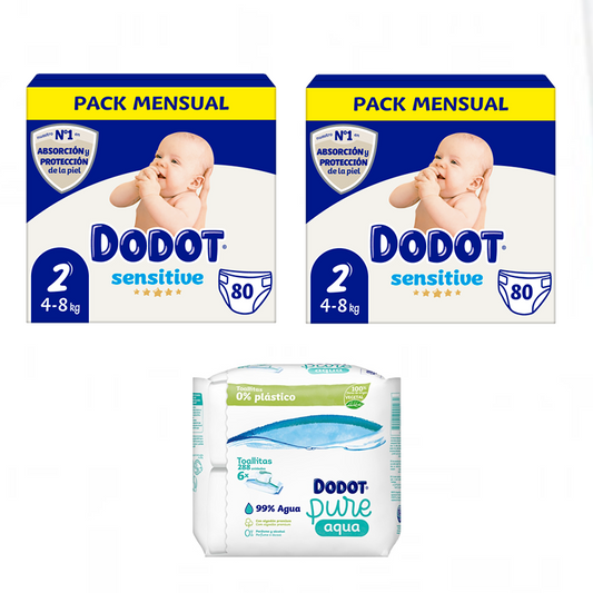 Pack Dodot Sensitive Newborn Box tamanho 2, 2 x 80 peças + Pure Aqua Baby Wipes 288 peças.