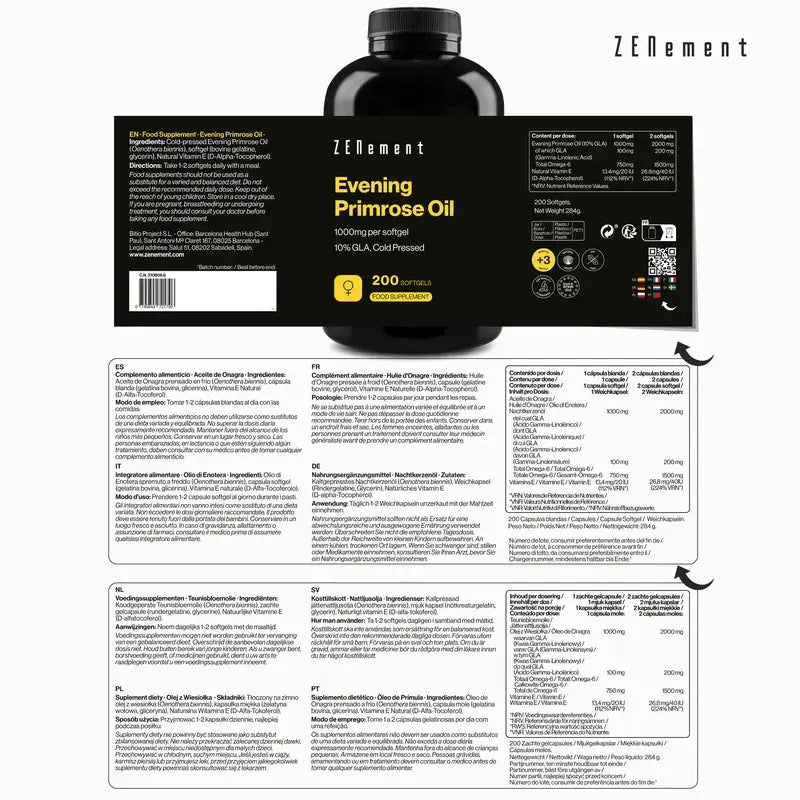 Zenement Óleo de Onagra 1000 mg, 200 cápsulas de gelatina mole