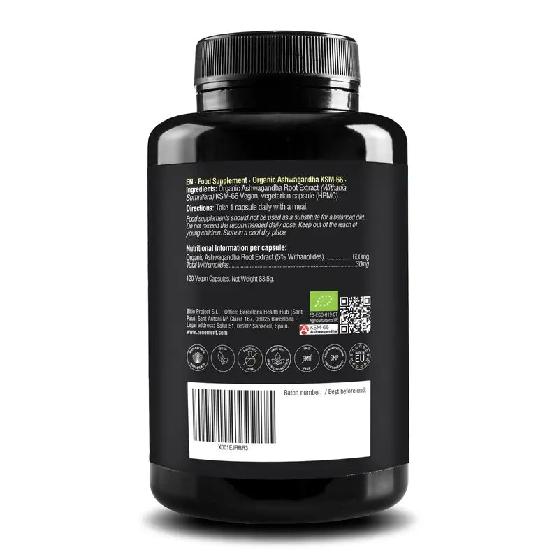 Zenement Ashwagandha Organic Ksm-66, 120 cápsulas vegetais