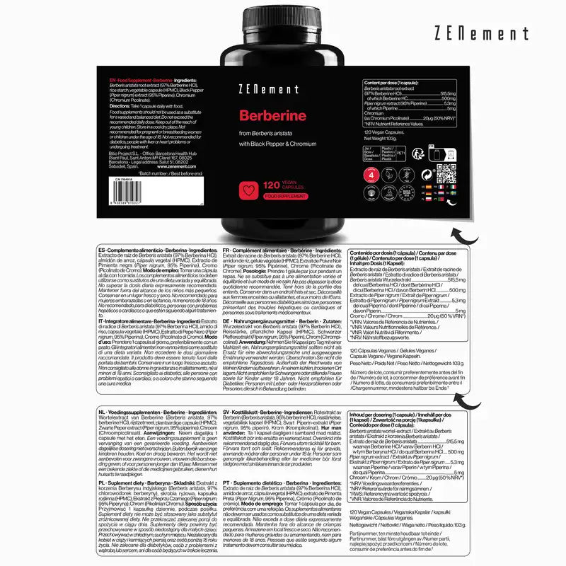 Zenement Berberine With Black Pepper And Chromium, 120 cápsulas vegetais