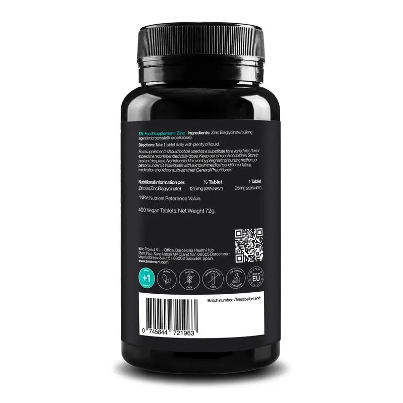 Zenement Zinc Bisglycinate, 400 comprimidos veganos