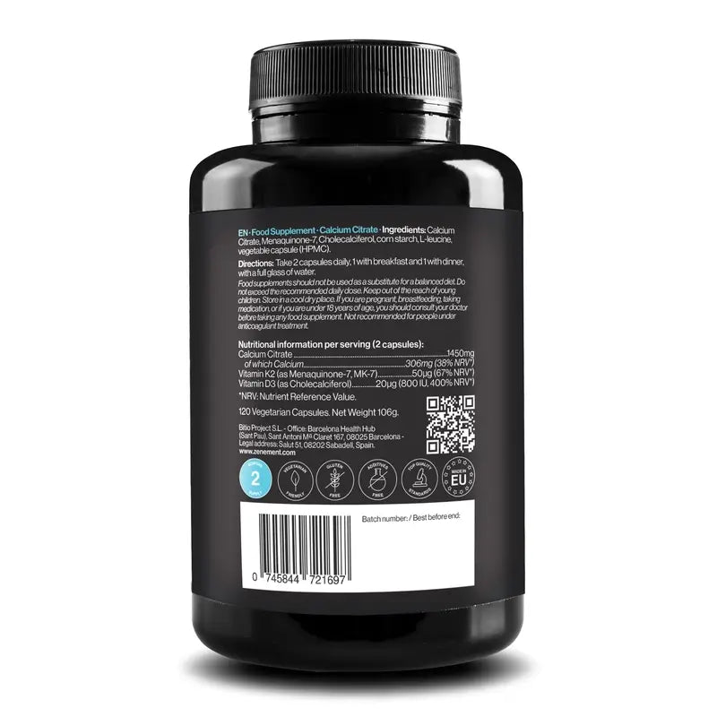 Zenement Citrato de Cálcio Vitamina D3 & K2, 120 cápsulas vegetais