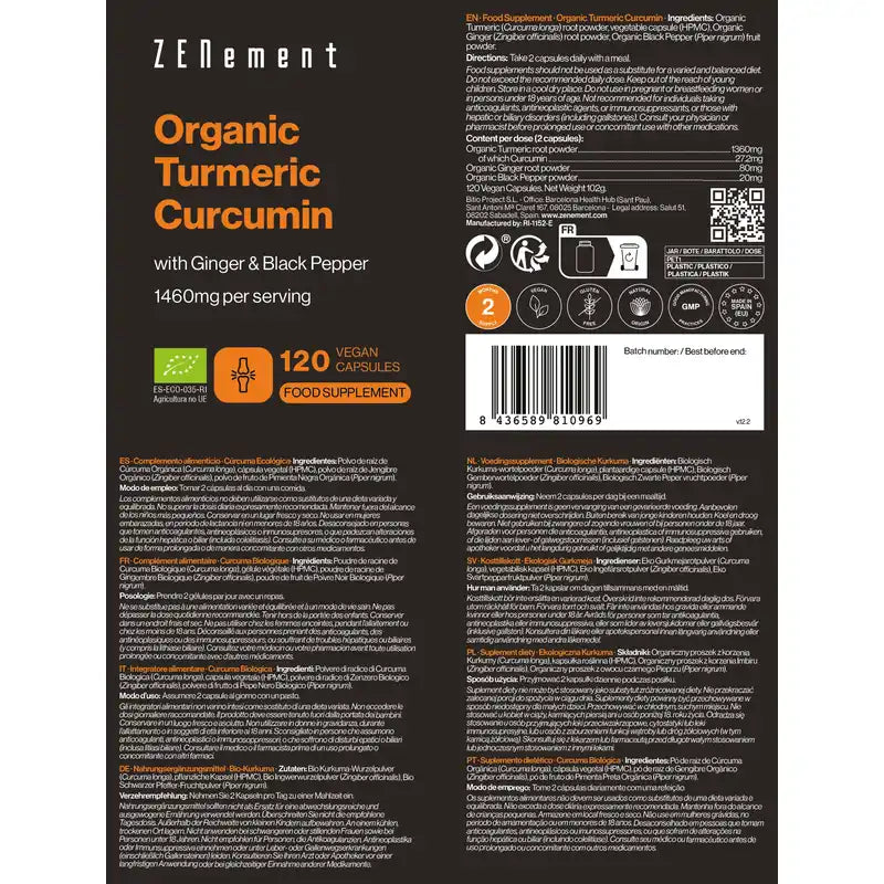 Zenement Organic Turmeric, 120 cápsulas vegetais