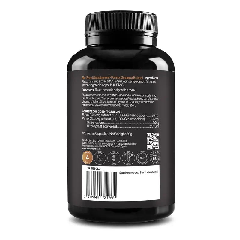 Zenement Extrato de Panax Ginseng Vermelho Coreano 120 cápsulas vegetais