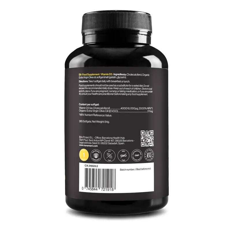 Zenement Vitamina D3 4000 UI, 365 cápsulas de gelatina mole