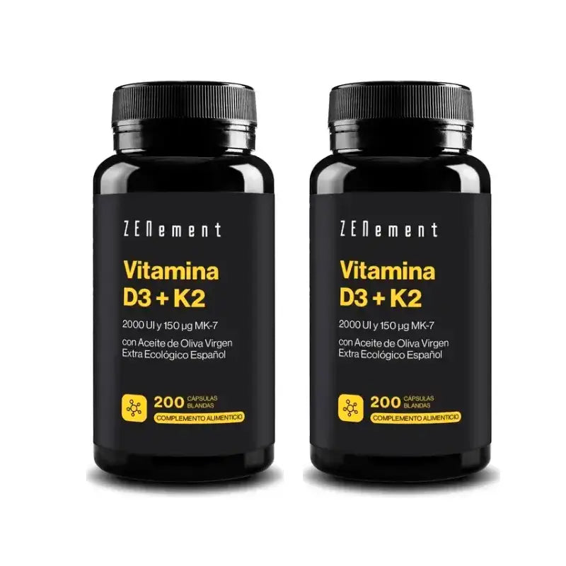 Zenement Vitamina D3 + K2, 2000 UI e 150 µg Mk-7, embalagem de 2 x 200 cápsulas de gelatina mole