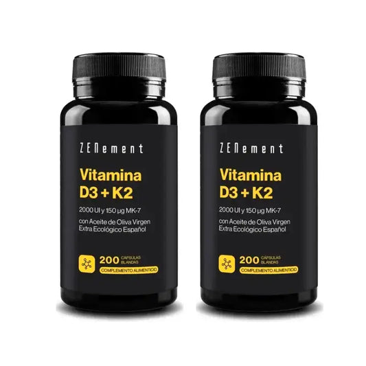 Zenement Vitamina D3 + K2, 2000 UI e 150 µg Mk-7, embalagem de 2 x 200 cápsulas de gelatina mole