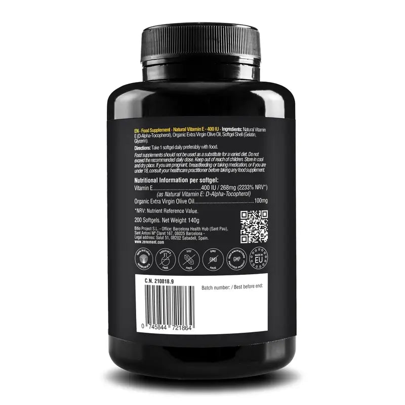 Zenement Natural Vitamina E 400 UI, 200 cápsulas de gelatina mole
