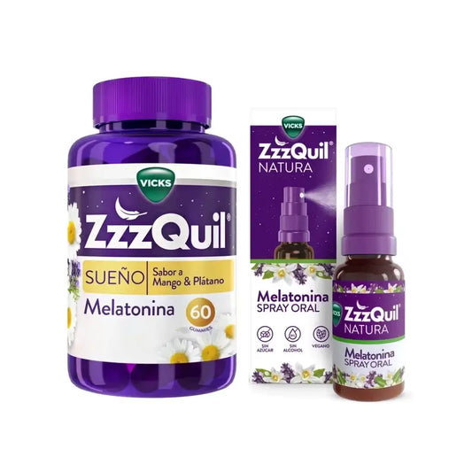 ZzzQuil Natura Melatonina Embalagem Gomas Manga & Banana 60 Gomas + Spray 30ml